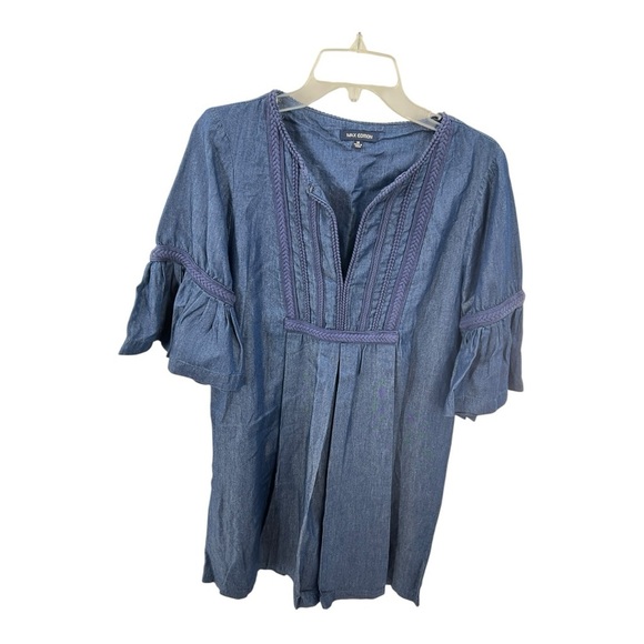Max Edition Mid Length Bell Sleeve Blue Chambray Dress with Blue Braided Trim - Picture 4 of 8